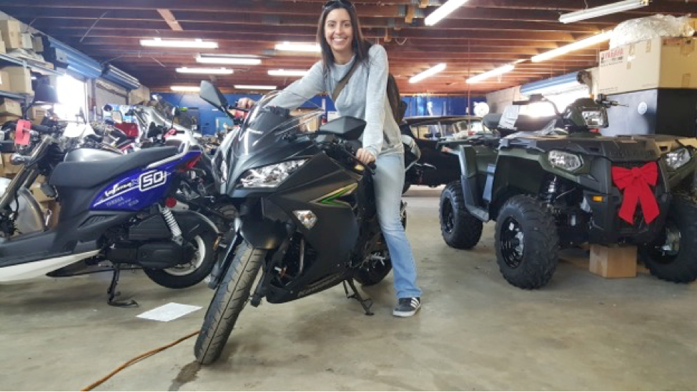 Jenna Dowd loves her new Kawasaki Ninja 300.