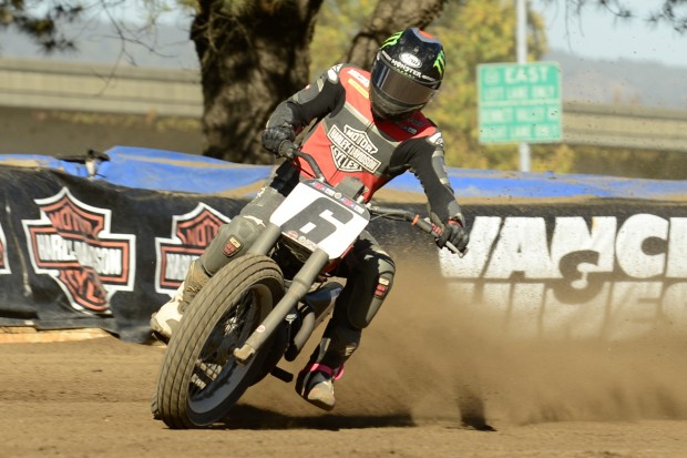 FACTORY HARLEY-DAVIDSON XR750 POWERS BRAD BAKER TO VICTORY IN AMA GNC1 FLAT TRACK FINAL
