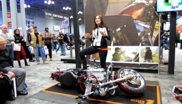 How to lift a fallen Motorcycle – Demonstration at Harley-Davidson Stand at 2013 NY Motorcycle Show