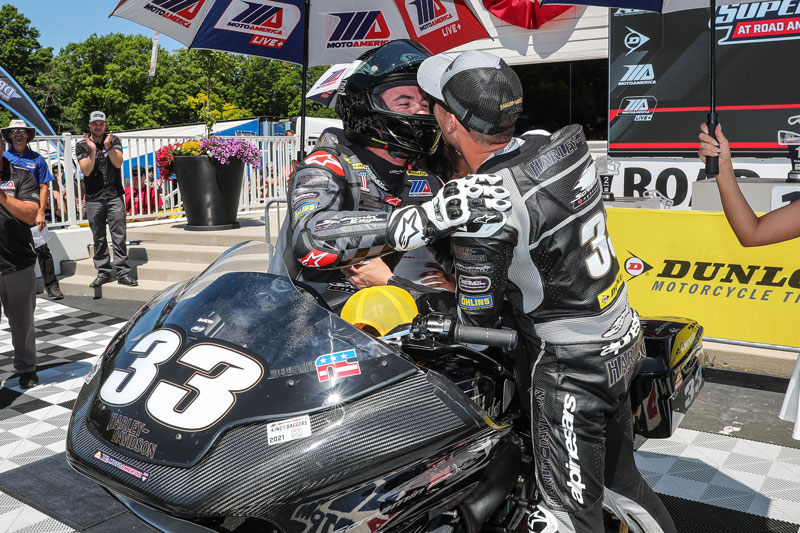 Brothers and Harley-Davidson Screamin’ Eagle factory teammates Kyle (right) and Travis Wyman celebrate their 1-2 finish in the King of the Baggers at Road America.