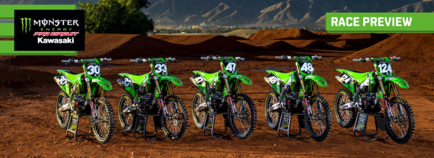 Four Riders Under the Monster Energy Pro Circuit Kawasaki Tent as Pro Motocross Season Starts in Pala