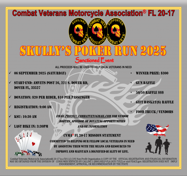 Combat Veterans Motorcycle Association® Florida 20-17 Annual Skully\’s Poker Run